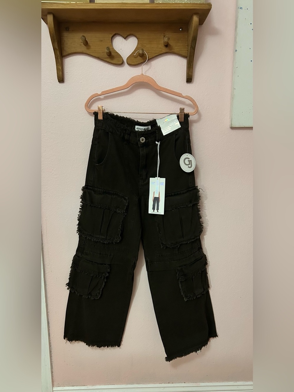 Dark Brown Distressed Cargo Patch Pocket Denim GOGO jeans